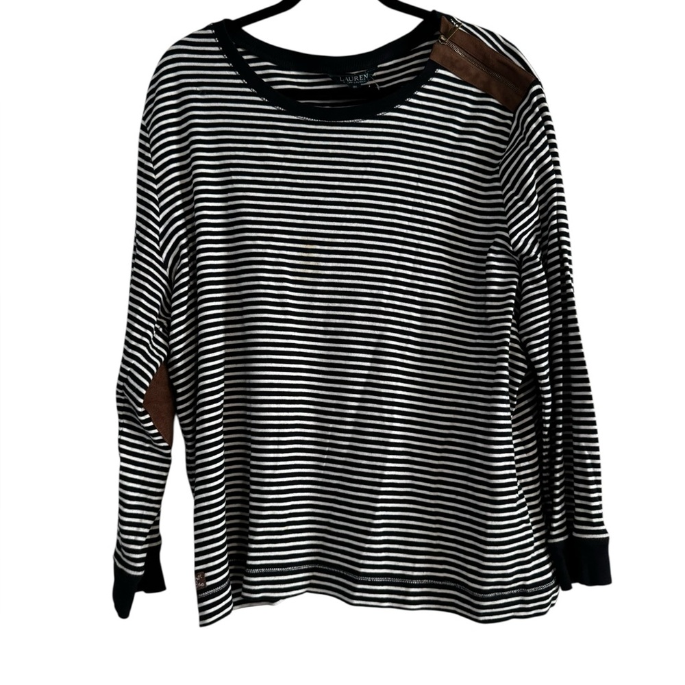 Ralph Lauren Womens Size 3X Top Shirt Striped Faux Brown Suede Elbow Patch Tee